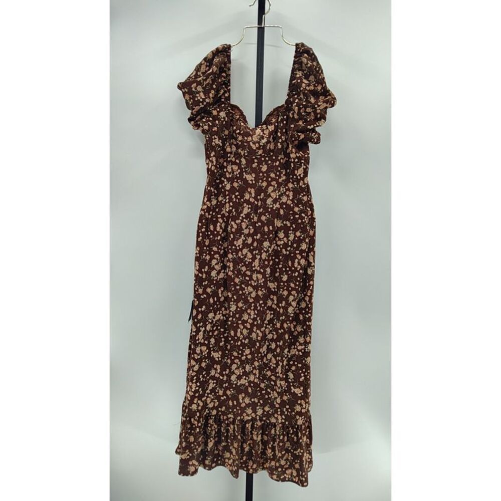 Lulus Women Remarkably Flourishing Brown Floral Puff Sleeve Midi Dress L - Picture 2 of 2
